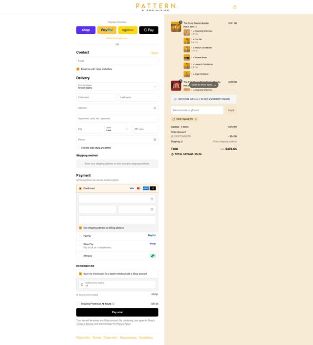 Pattern Beauty checkout page showing Pattern Beauty discount code box | Screenshot taken by SimplyCodes community member on Sep 12, 2025