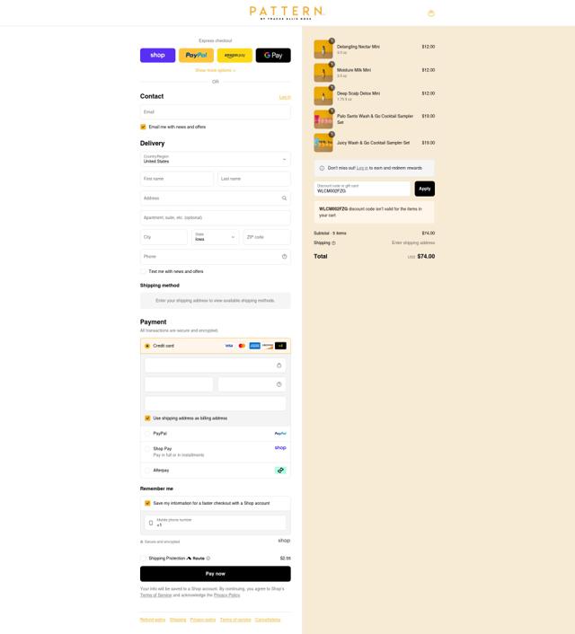 Pattern Beauty checkout page showing Pattern Beauty discount code box | Screenshot taken by SimplyCodes community member on Sep 4, 2025