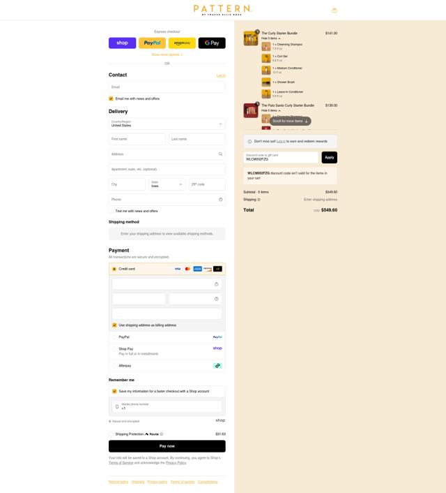 Pattern Beauty checkout page showing Pattern Beauty discount code box | Screenshot taken by SimplyCodes community member on Sep 8, 2025