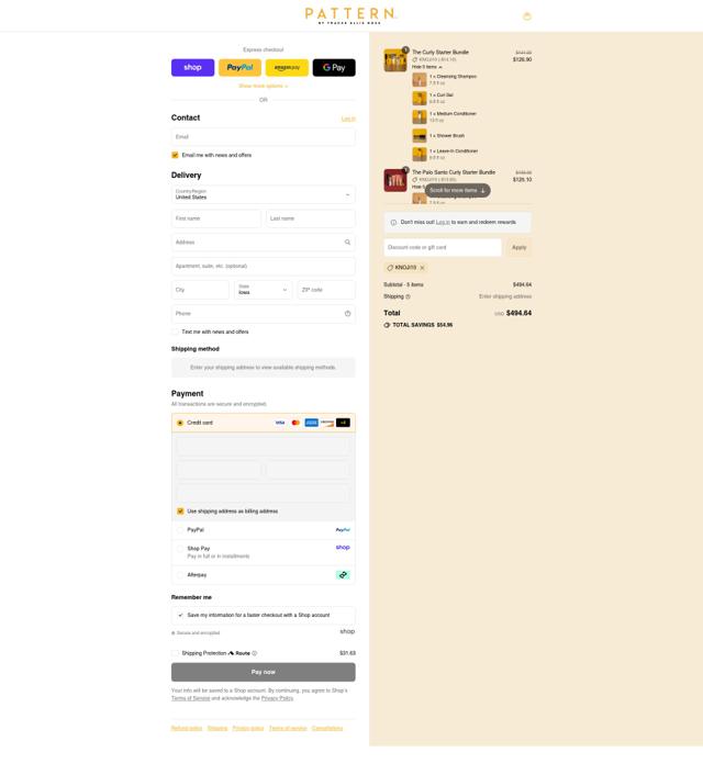 Pattern Beauty checkout page showing Pattern Beauty discount code box | Screenshot taken by SimplyCodes community member on Sep 8, 2025