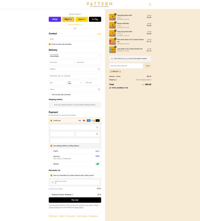 Pattern Beauty checkout page showing Pattern Beauty discount code box | Screenshot taken by SimplyCodes community member on Sep 4, 2025