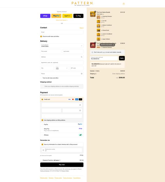 Pattern Beauty checkout page showing Pattern Beauty discount code box | Screenshot taken by SimplyCodes community member on Sep 12, 2025