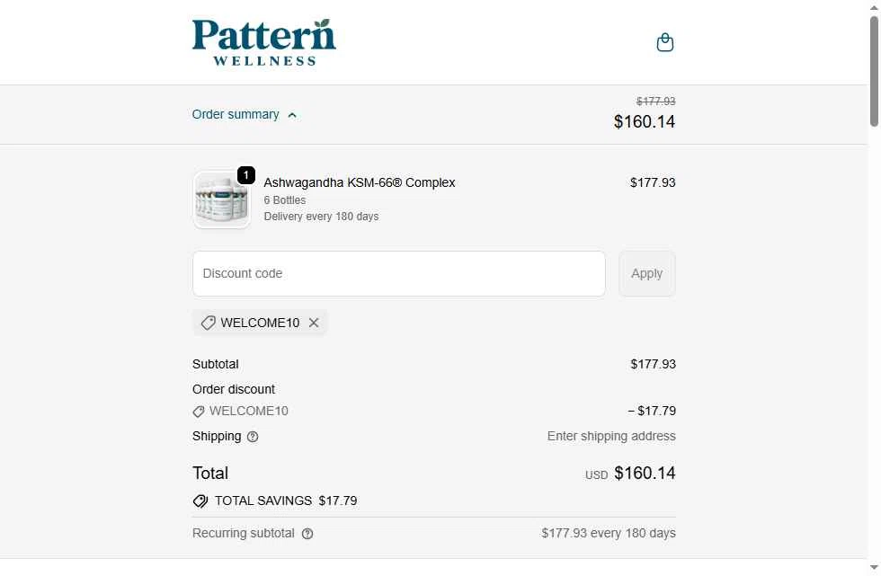 Pattern Wellness checkout page showing Pattern Wellness discount code box | Screenshot taken by SimplyCodes community member on Feb 9, 2026