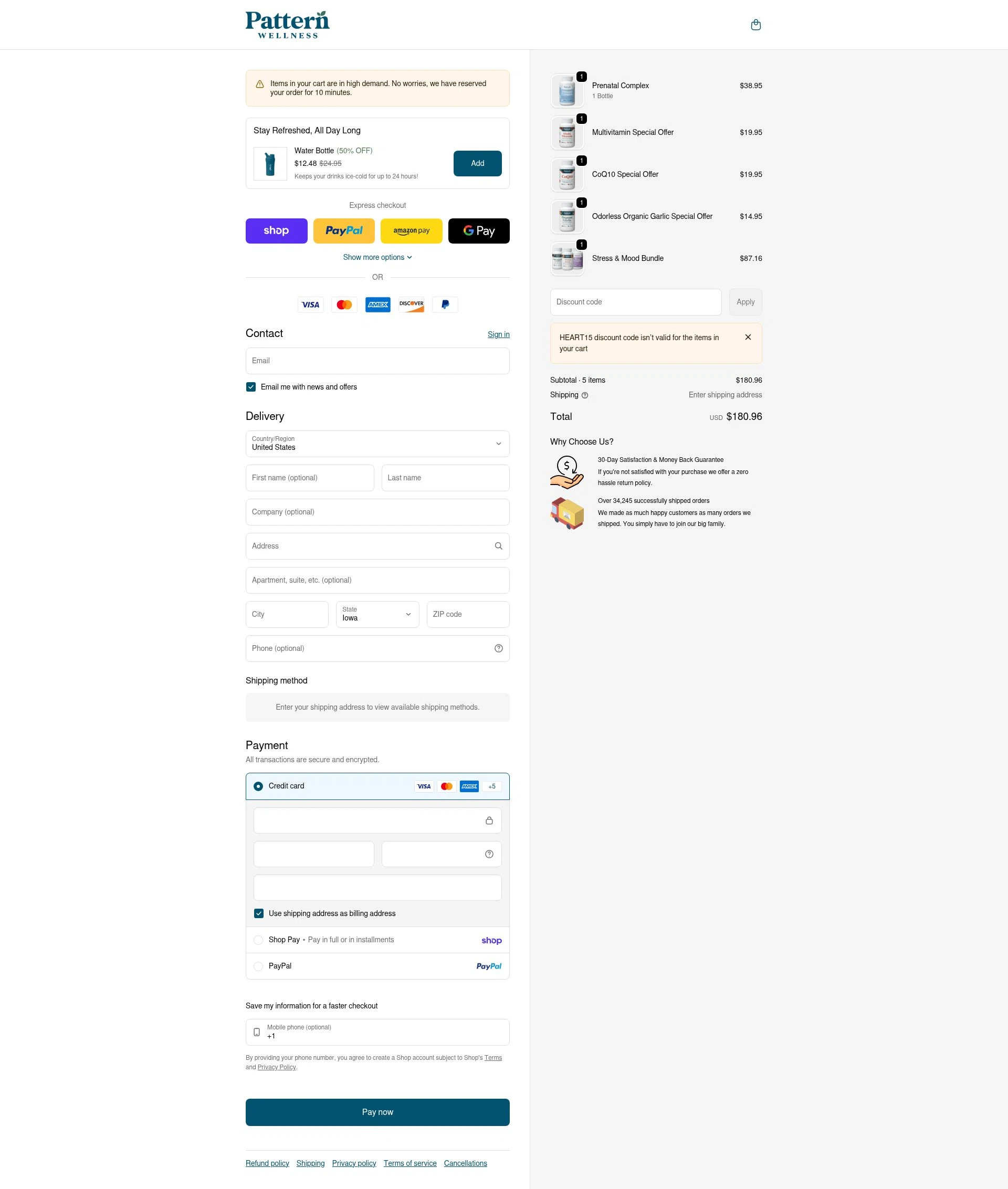 Pattern Wellness checkout page showing Pattern Wellness discount code box | Screenshot taken by SimplyCodes community member on Feb 9, 2026