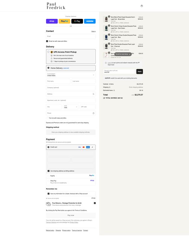 Paul Fredrick checkout page showing Paul Fredrick discount code box | Screenshot taken by SimplyCodes community member on Sep 13, 2025