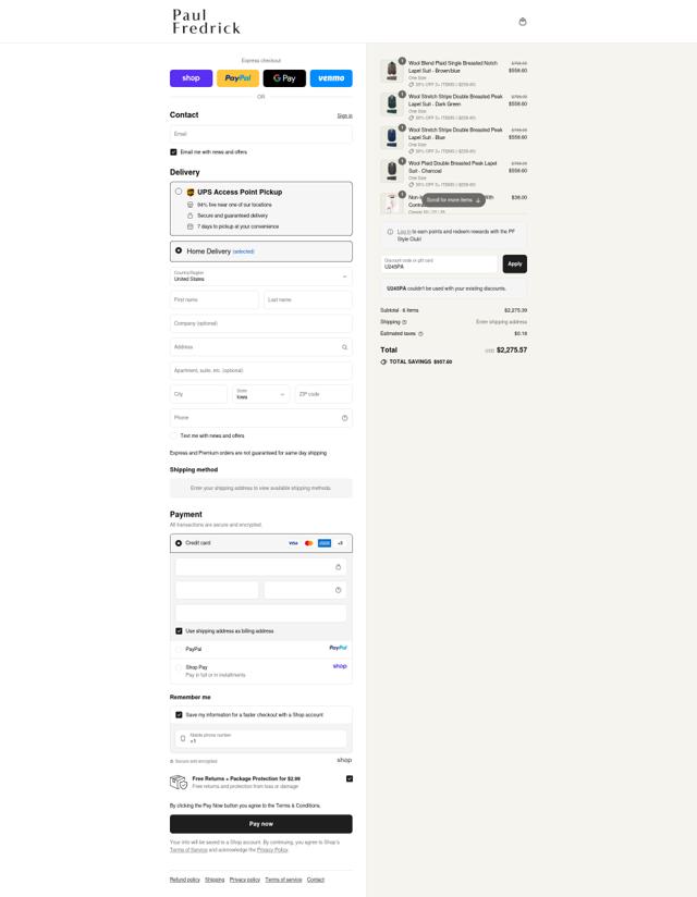 Paul Fredrick checkout page showing Paul Fredrick discount code box | Screenshot taken by SimplyCodes community member on Sep 13, 2025