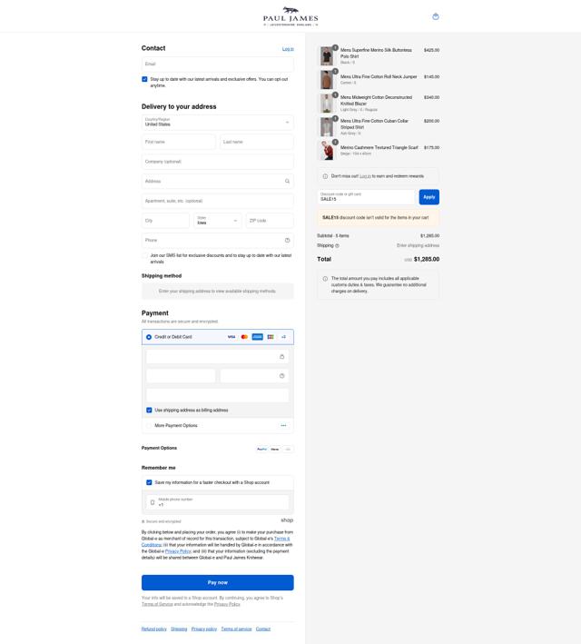 Paul James Knitwear checkout page showing Paul James Knitwear promo code box | Screenshot taken by SimplyCodes community member on Sep 2, 2025