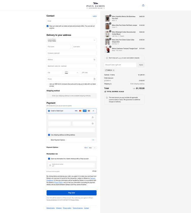 Paul James Knitwear checkout page showing Paul James Knitwear promo code box | Screenshot taken by SimplyCodes community member on Sep 7, 2025