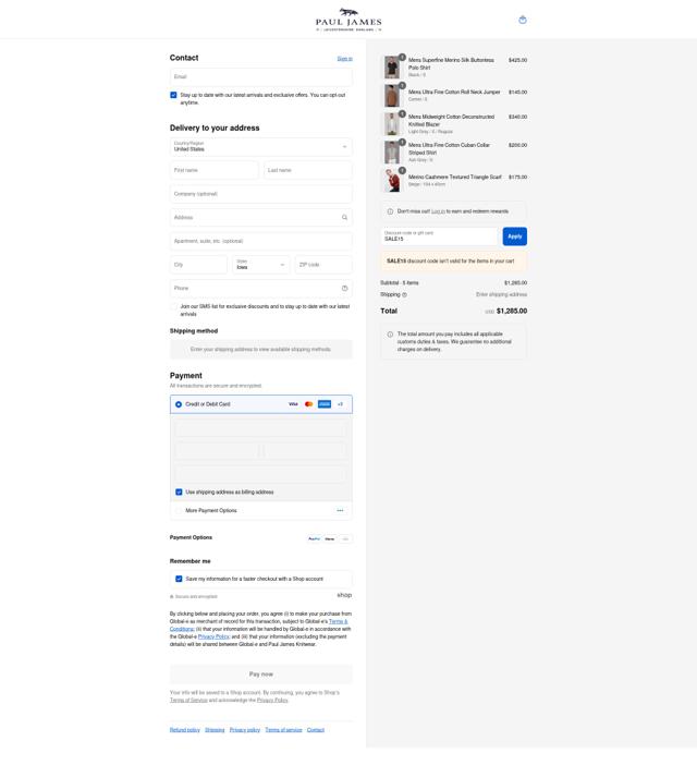 Paul James Knitwear checkout page showing Paul James Knitwear promo code box | Screenshot taken by SimplyCodes community member on Sep 11, 2025
