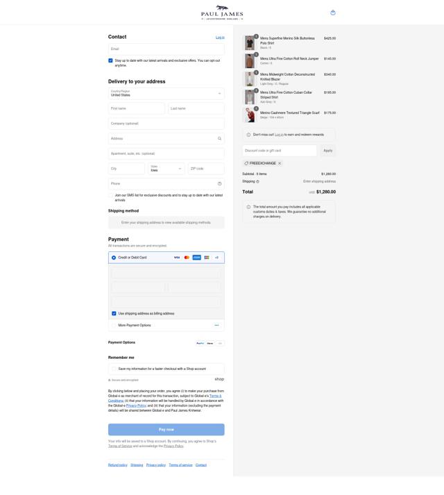 Paul James Knitwear checkout page showing Paul James Knitwear promo code box | Screenshot taken by SimplyCodes community member on Sep 7, 2025