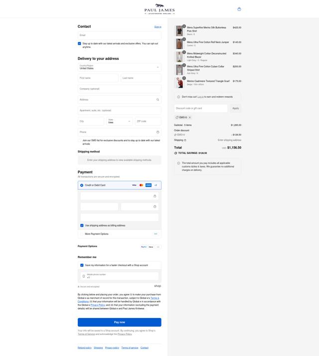 Paul James Knitwear checkout page showing Paul James Knitwear promo code box | Screenshot taken by SimplyCodes community member on Sep 11, 2025