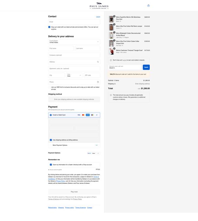 Paul James Knitwear checkout page showing Paul James Knitwear promo code box | Screenshot taken by SimplyCodes community member on Sep 7, 2025