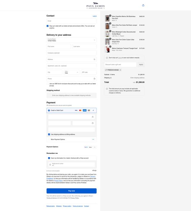 Paul James Knitwear checkout page showing Paul James Knitwear promo code box | Screenshot taken by SimplyCodes community member on Aug 29, 2025