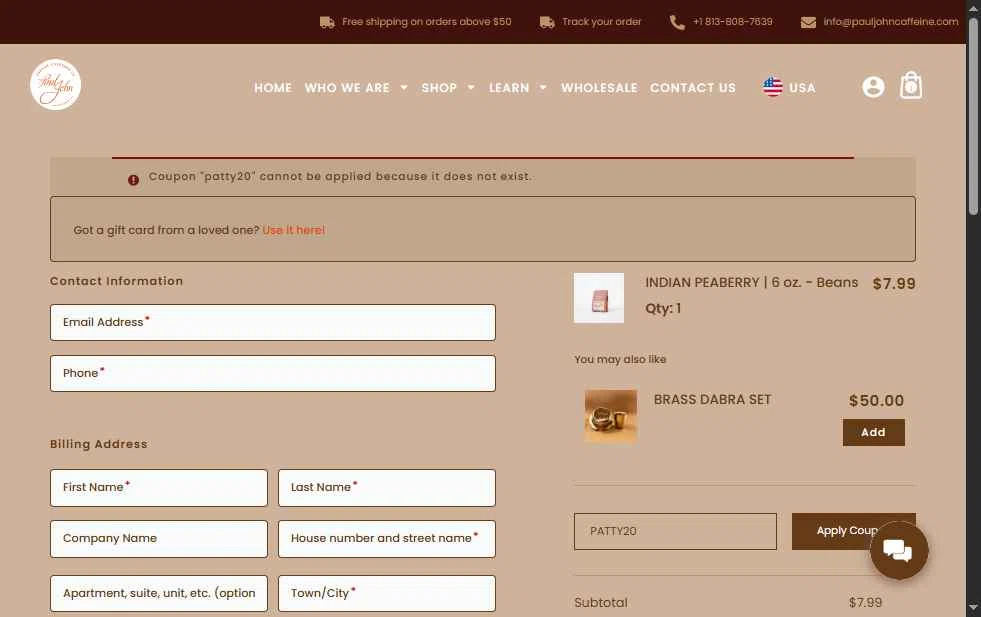 Paul John Caffeine checkout page showing Paul John Caffeine promo code box | Screenshot taken by SimplyCodes community member on Dec 18, 2025