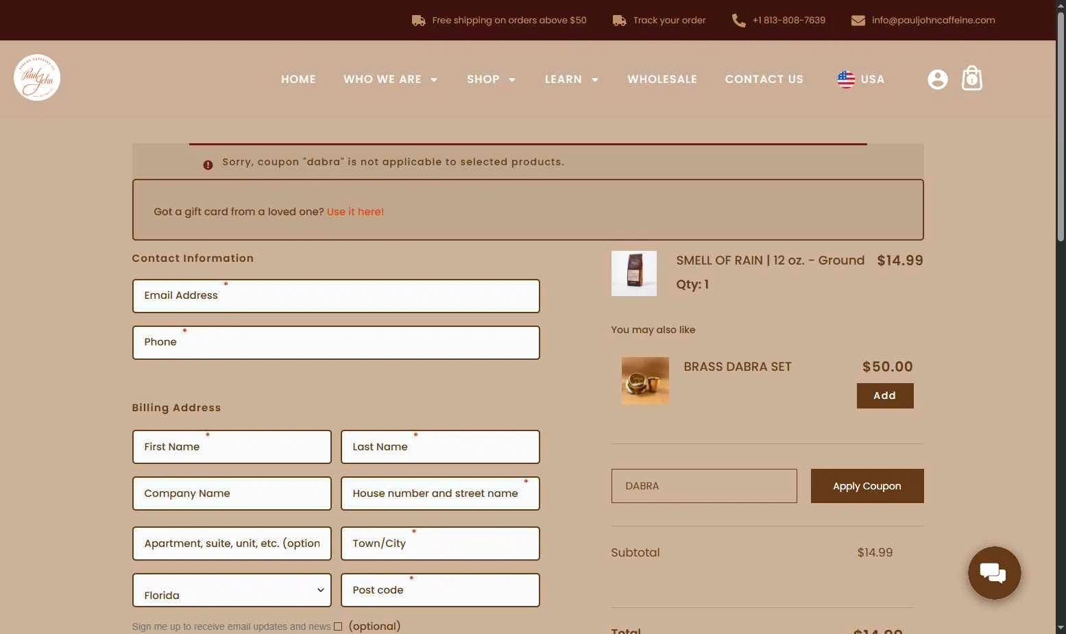 Paul John Caffeine checkout page showing Paul John Caffeine promo code box | Screenshot taken by SimplyCodes community member on Nov 28, 2025