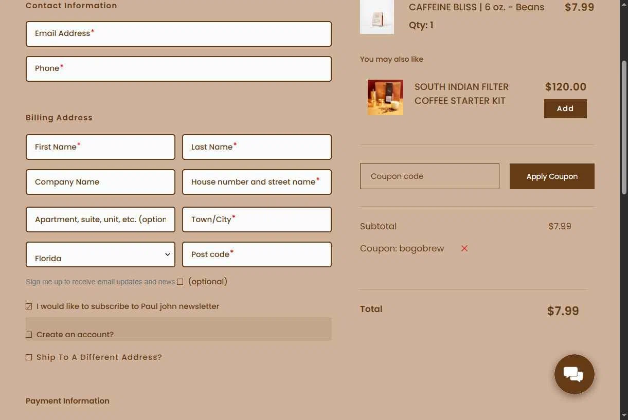 Paul John Caffeine checkout page showing Paul John Caffeine promo code box | Screenshot taken by SimplyCodes community member on Jan 8, 2026