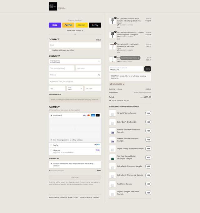 Paul Mitchell checkout page showing Paul Mitchell coupon code box | Screenshot taken by SimplyCodes community member on Sep 9, 2025