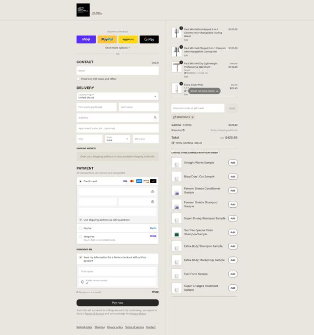 Paul Mitchell checkout page showing Paul Mitchell coupon code box | Screenshot taken by SimplyCodes community member on Sep 1, 2025