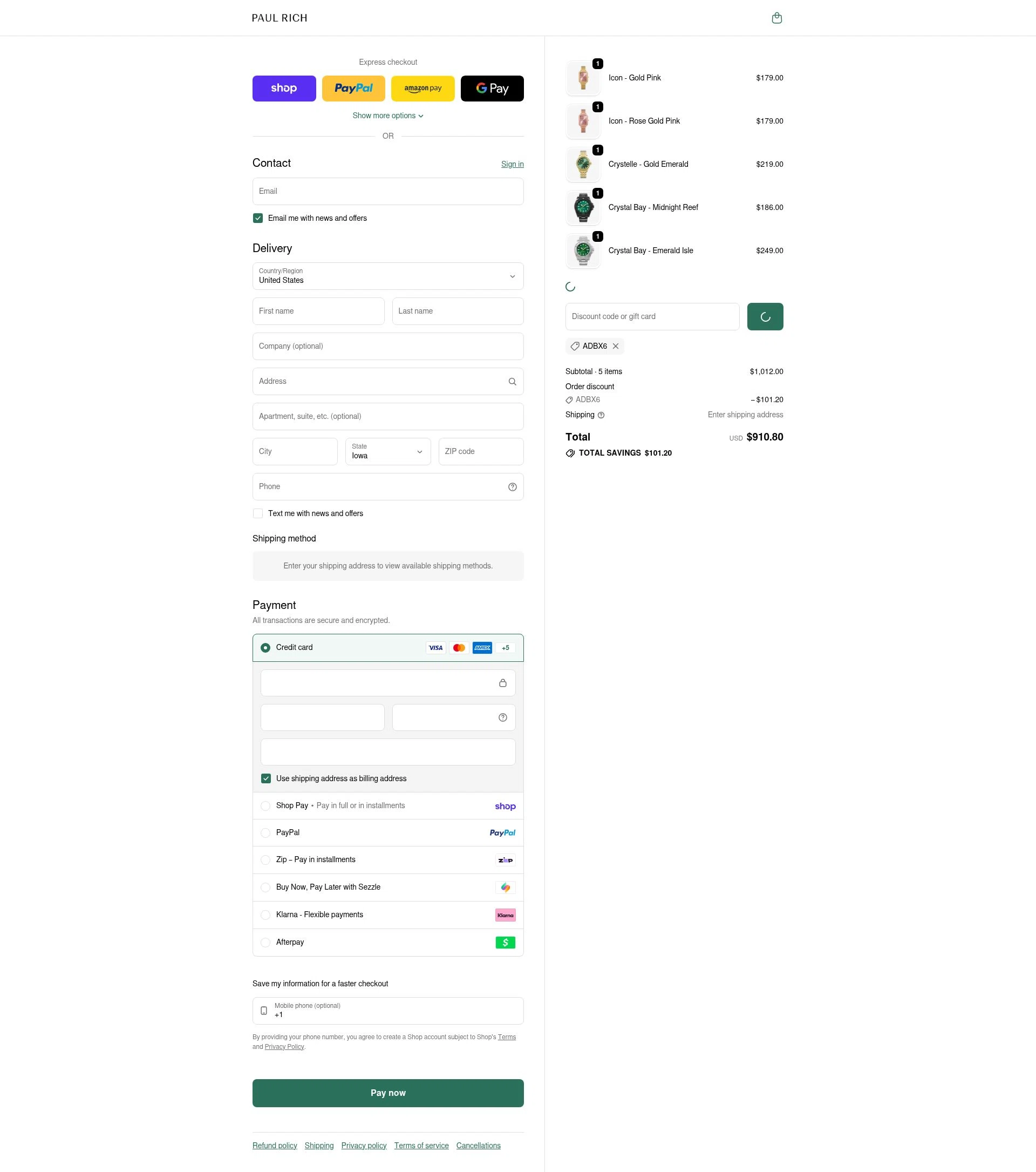 Paul Rich checkout page showing Paul Rich discount code box | Screenshot taken by SimplyCodes community member on Feb 24, 2026