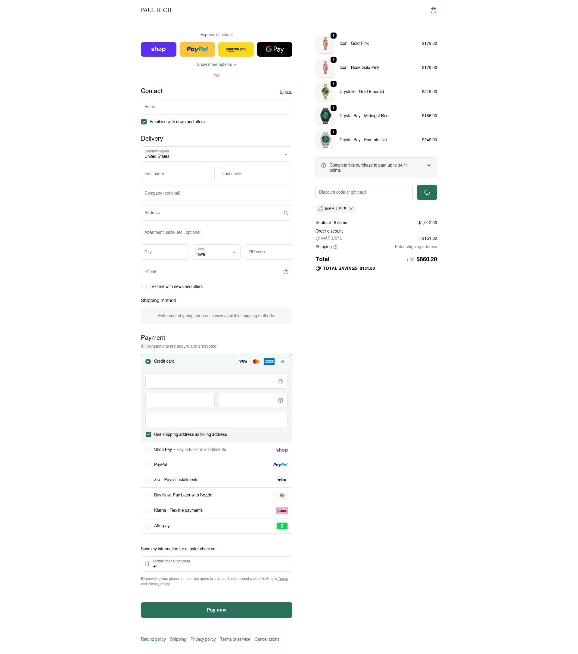 Paul Rich checkout page showing Paul Rich discount code box | Screenshot taken by SimplyCodes community member on Feb 24, 2026
