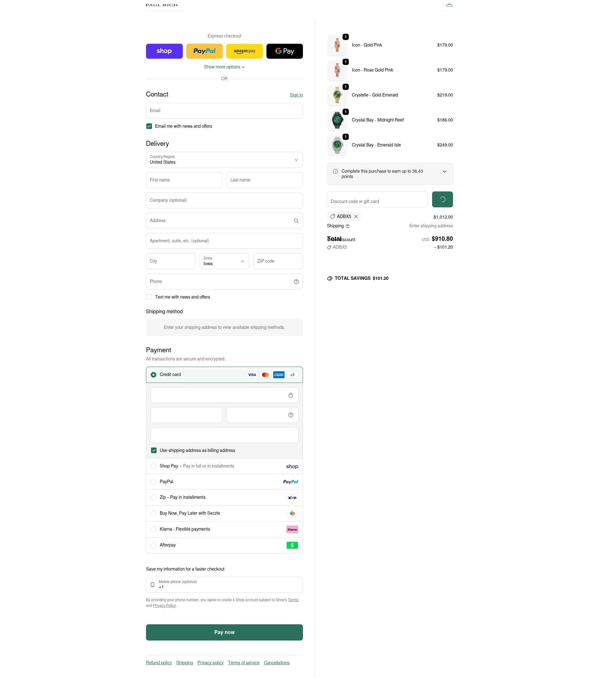 Paul Rich checkout page showing Paul Rich discount code box | Screenshot taken by SimplyCodes community member on Feb 24, 2026