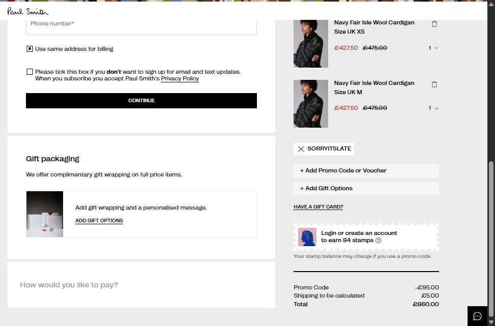 Paul Smith UK checkout page showing Paul Smith UK promo code box | Screenshot taken by SimplyCodes community member on Dec 23, 2025
