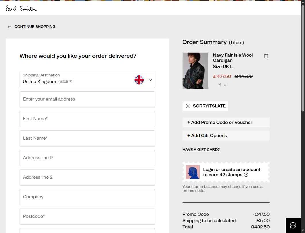 Paul Smith UK checkout page showing Paul Smith UK promo code box | Screenshot taken by SimplyCodes community member on Dec 21, 2025