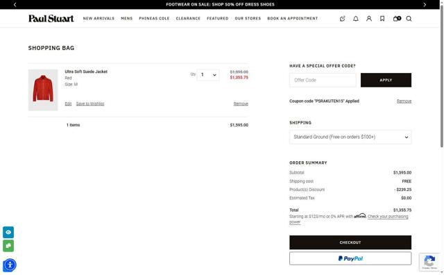 Paul Stuart checkout page showing Paul Stuart discount code box | Screenshot taken by SimplyCodes community member on May 8, 2025