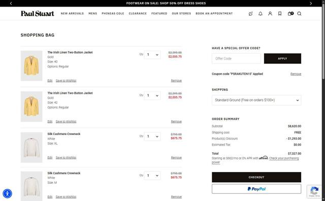 Paul Stuart checkout page showing Paul Stuart discount code box | Screenshot taken by SimplyCodes community member on May 8, 2025