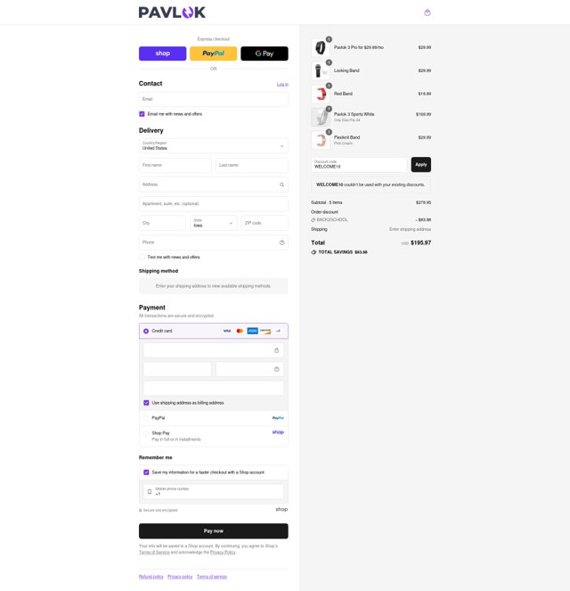 Pavlok checkout page showing Pavlok promo code box | Screenshot taken by SimplyCodes community member on Aug 29, 2025