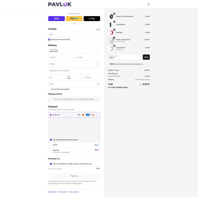 Pavlok checkout page showing Pavlok promo code box | Screenshot taken by SimplyCodes community member on Aug 29, 2025