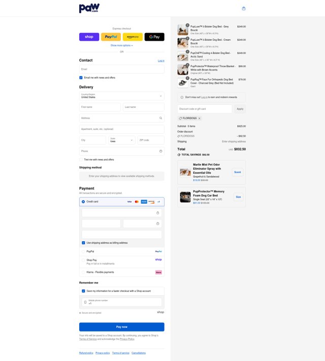 Paw.com checkout page showing Paw.com discount code box | Screenshot taken by SimplyCodes community member on Sep 7, 2025