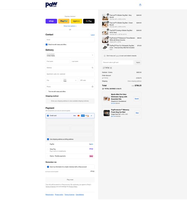 Paw.com checkout page showing Paw.com discount code box | Screenshot taken by SimplyCodes community member on Sep 7, 2025