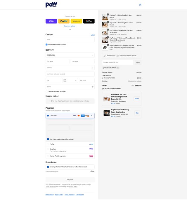 Paw.com checkout page showing Paw.com discount code box | Screenshot taken by SimplyCodes community member on Sep 7, 2025