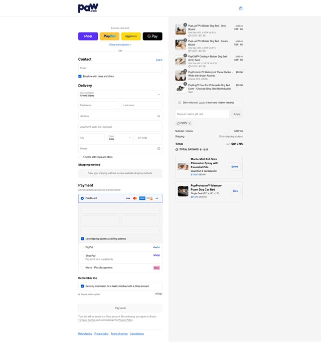 Paw.com checkout page showing Paw.com discount code box | Screenshot taken by SimplyCodes community member on Sep 7, 2025