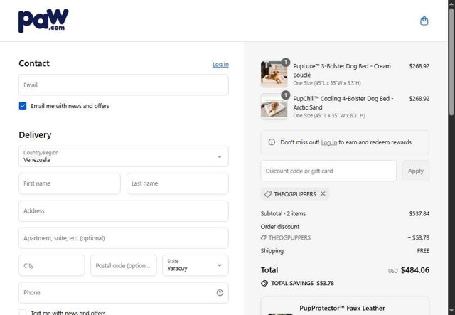 Paw.com checkout page showing Paw.com discount code box | Screenshot taken by SimplyCodes community member on Sep 7, 2025