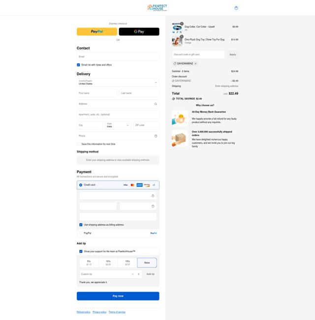 Pawfect House checkout page showing Pawfect House discount code box | Screenshot taken by SimplyCodes community member on Sep 8, 2025