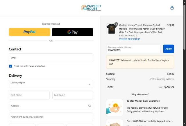 Pawfect House checkout page showing Pawfect House discount code box | Screenshot taken by SimplyCodes community member on Sep 8, 2025