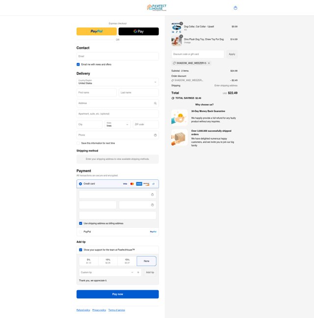 Pawfect House checkout page showing Pawfect House discount code box | Screenshot taken by SimplyCodes community member on Sep 8, 2025