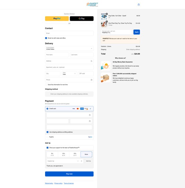 Pawfect House checkout page showing Pawfect House discount code box | Screenshot taken by SimplyCodes community member on Sep 5, 2025