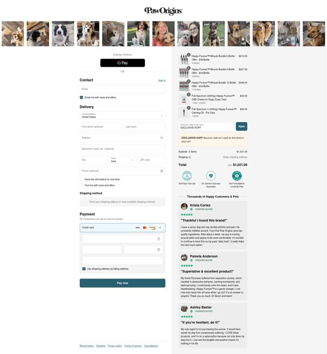 Paw Origins checkout page showing Paw Origins discount code box | Screenshot taken by SimplyCodes community member on Sep 15, 2025
