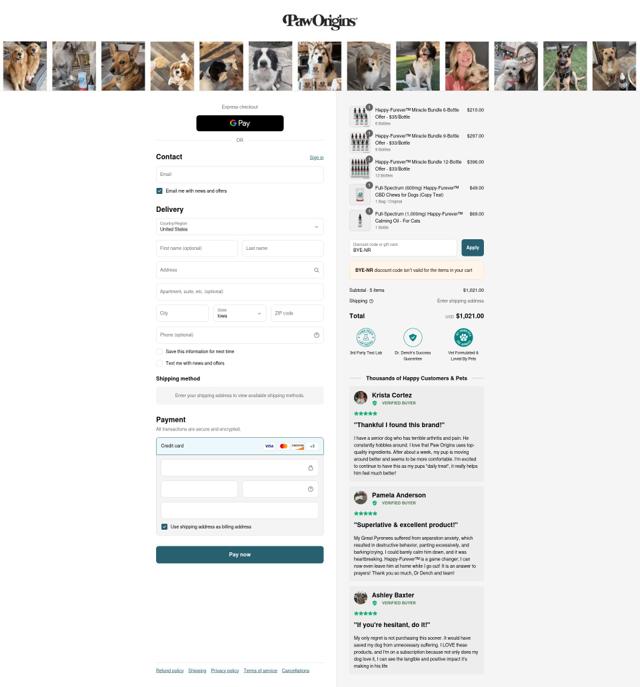 Paw Origins checkout page showing Paw Origins discount code box | Screenshot taken by SimplyCodes community member on Sep 15, 2025