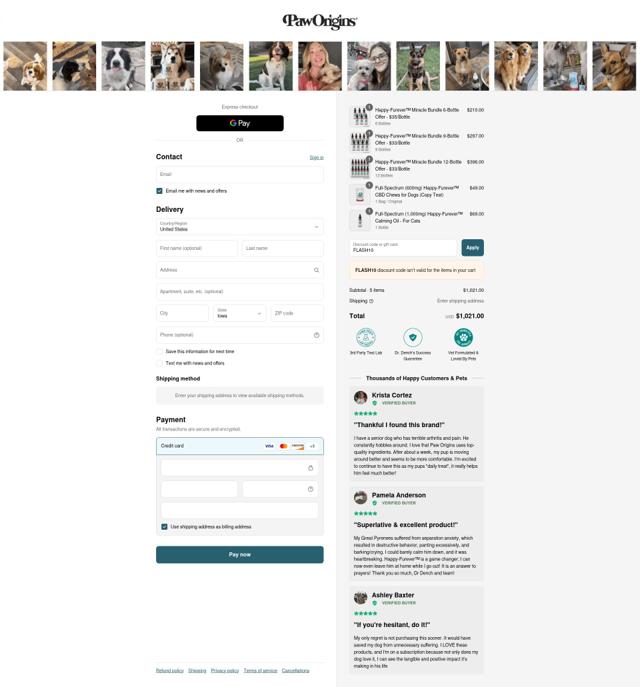 Paw Origins checkout page showing Paw Origins discount code box | Screenshot taken by SimplyCodes community member on Sep 15, 2025