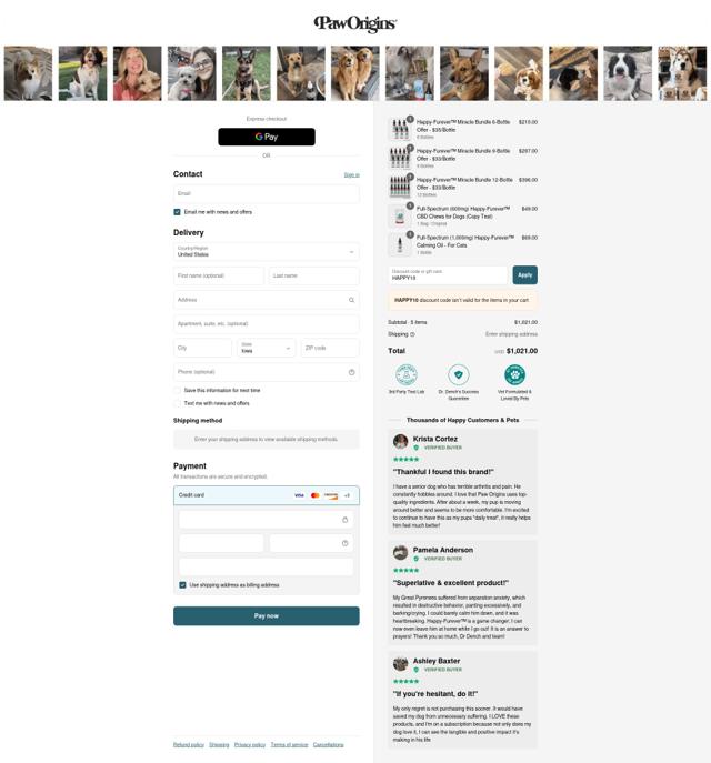 Paw Origins checkout page showing Paw Origins discount code box | Screenshot taken by SimplyCodes community member on Sep 15, 2025