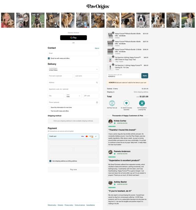 Paw Origins checkout page showing Paw Origins discount code box | Screenshot taken by SimplyCodes community member on Sep 15, 2025