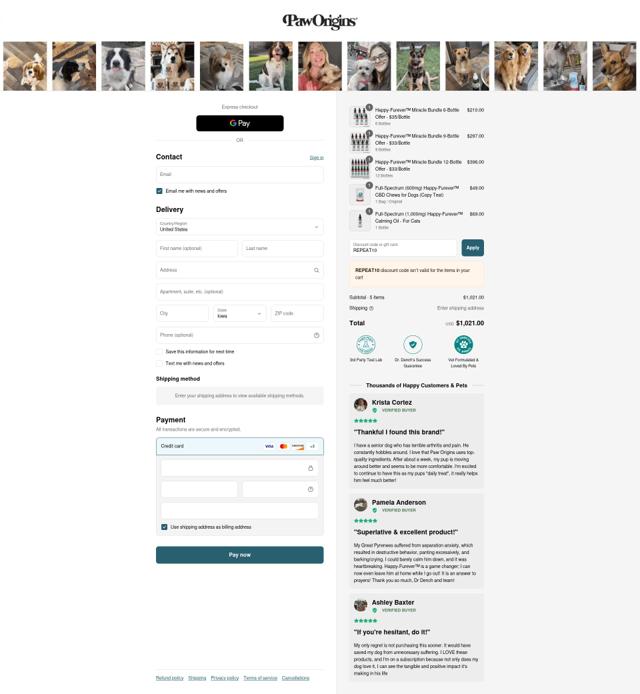 Paw Origins checkout page showing Paw Origins discount code box | Screenshot taken by SimplyCodes community member on Sep 15, 2025