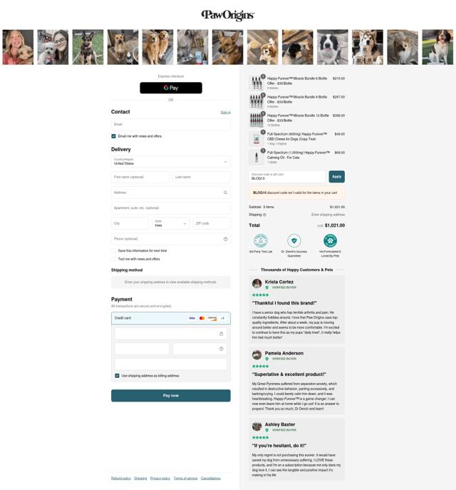 Paw Origins checkout page showing Paw Origins discount code box | Screenshot taken by SimplyCodes community member on Sep 15, 2025