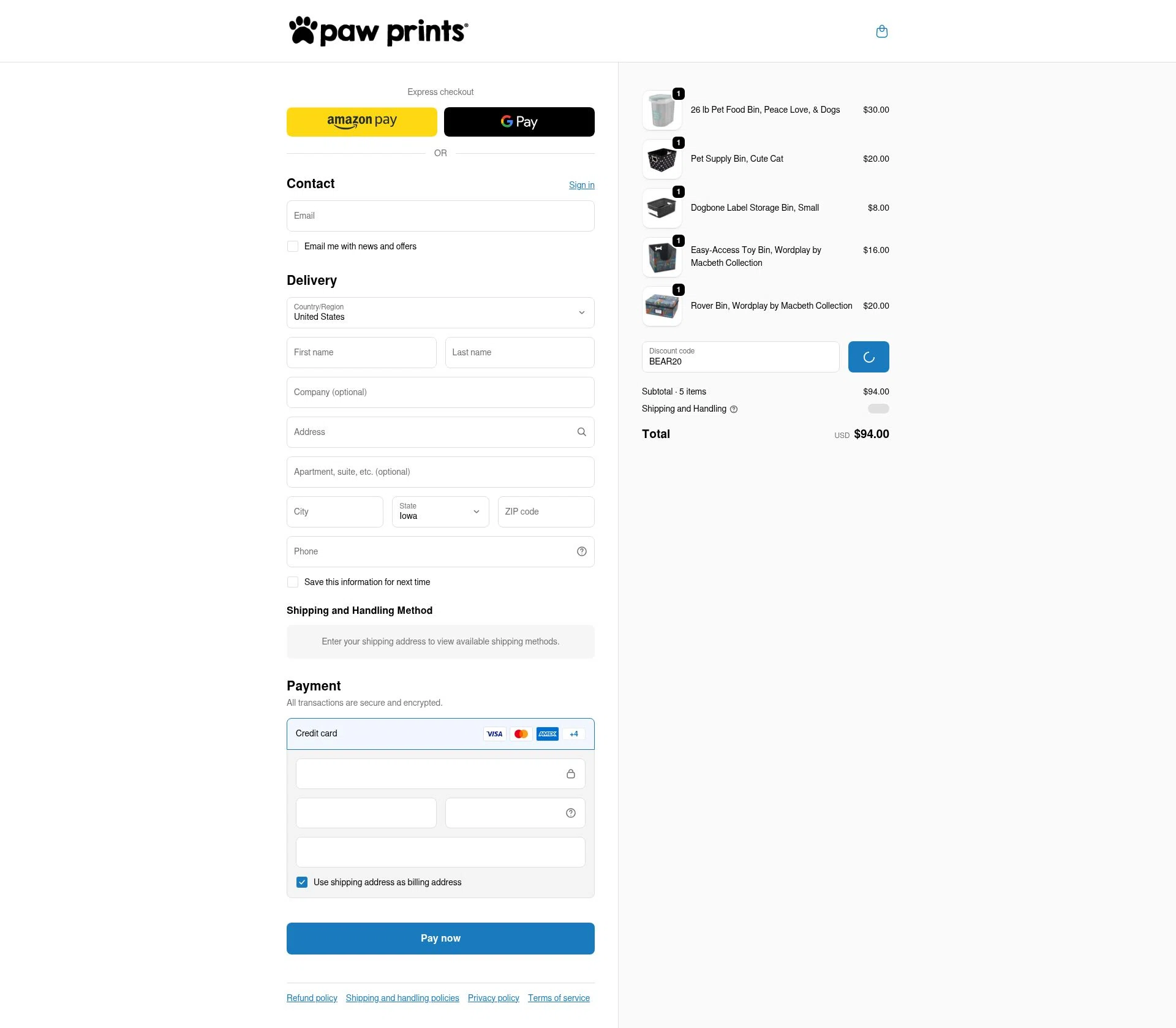 Paw Prints checkout page showing Paw Prints coupon code box | Screenshot taken by SimplyCodes community member on Feb 6, 2026