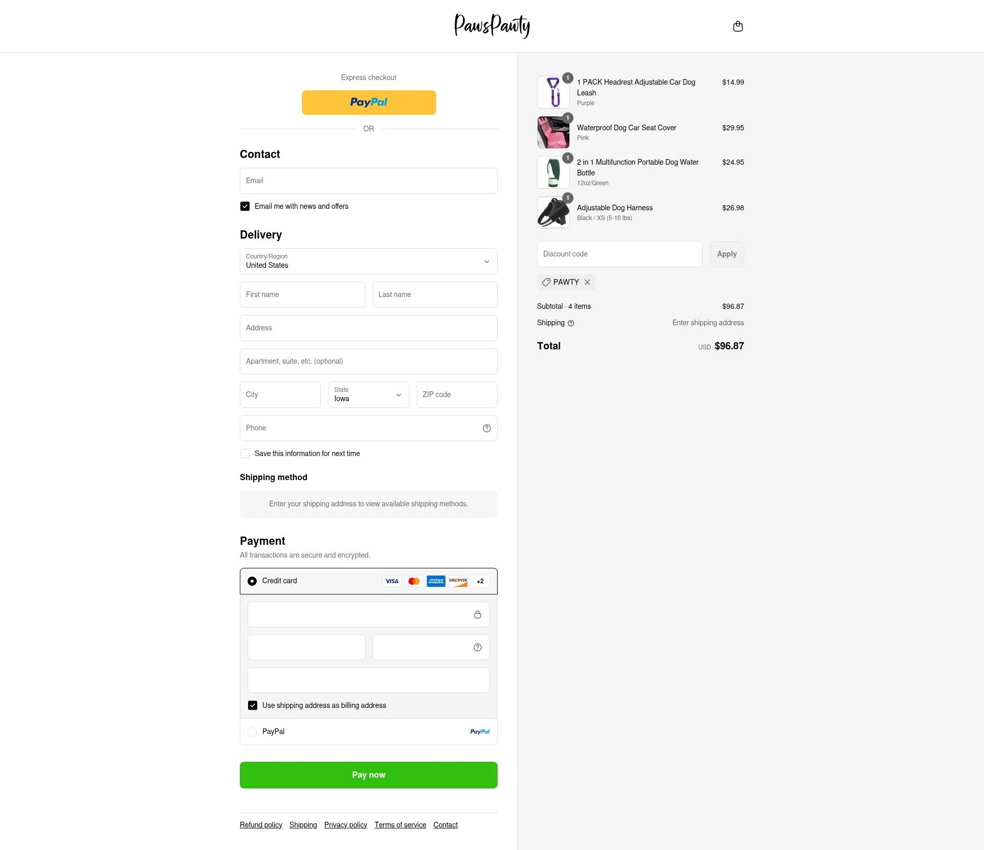 Paws Pawty checkout page showing Paws Pawty discount code box | Screenshot taken by SimplyCodes community member on Sep 4, 2025