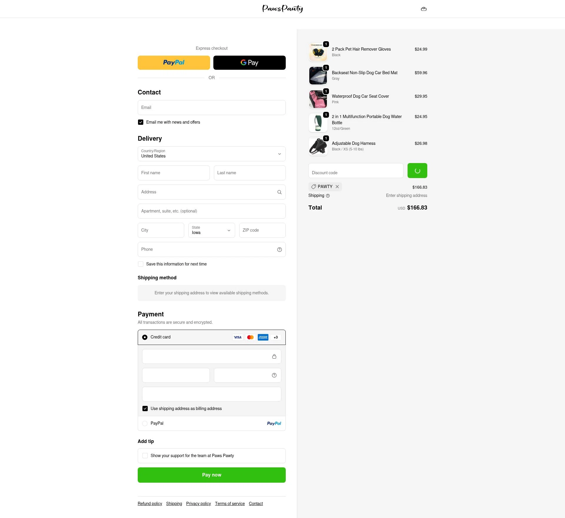 Paws Pawty checkout page showing Paws Pawty discount code box | Screenshot taken by SimplyCodes community member on Jan 8, 2026